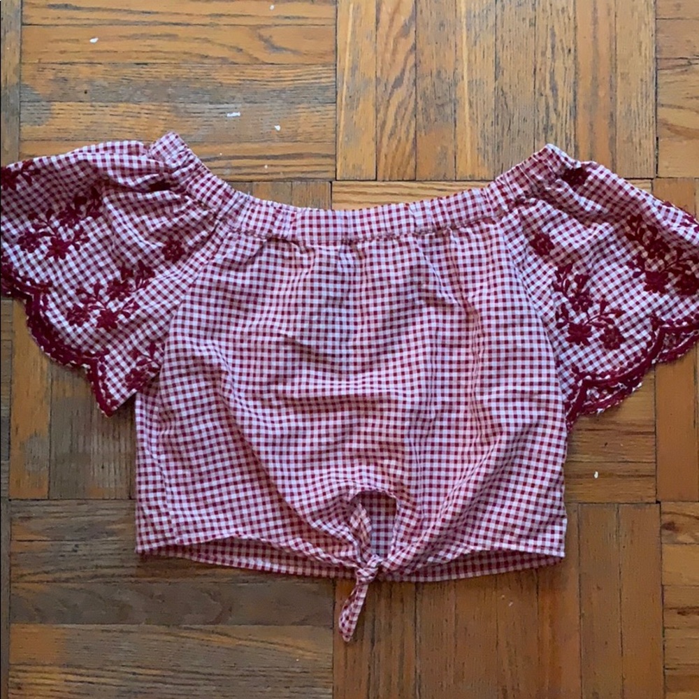 Off the Shoulder Gingham Embroidered Top